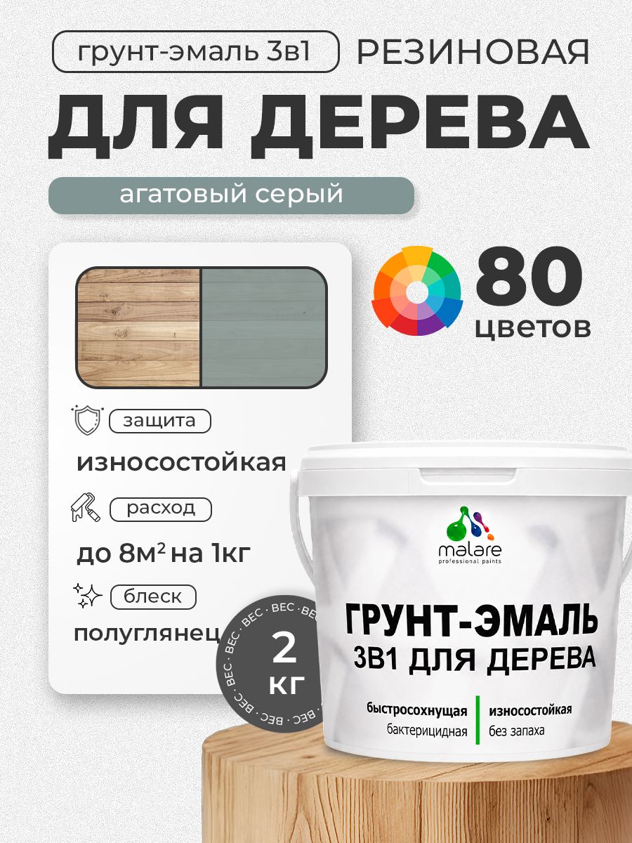 Латексная Грунт-Эмаль 3 в 1 Malare для деревянных поверхностей с антисептическим эффектом, быстросохнущая моющаяся без запаха полуглянцевая, агатовый серый, 2 кг