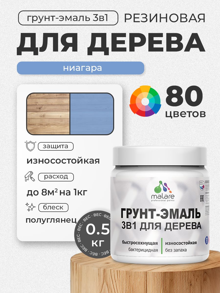 Латексная Грунт-Эмаль 3 в 1 Malare для деревянных поверхностей с антисептическим эффектом, быстросохнущая моющаяся без запаха полуглянцевая, ниагара, 0.5 кг