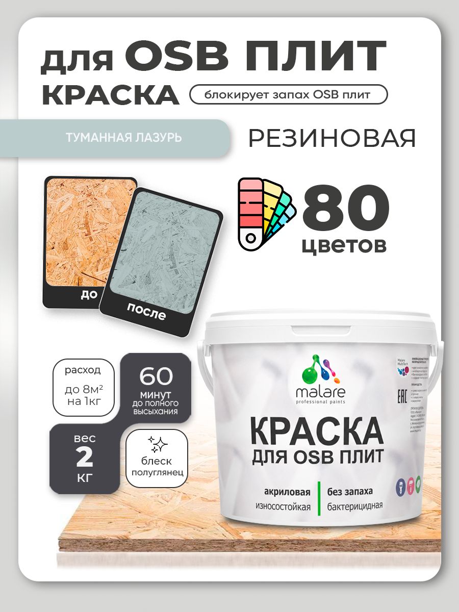 Резиновая краска для ОСБ плит Malare акриловая краска для дерева для наружных и внутренних работ, быстросохнущая без запаха полуглянцевая, туманная лазурь, 2 кг