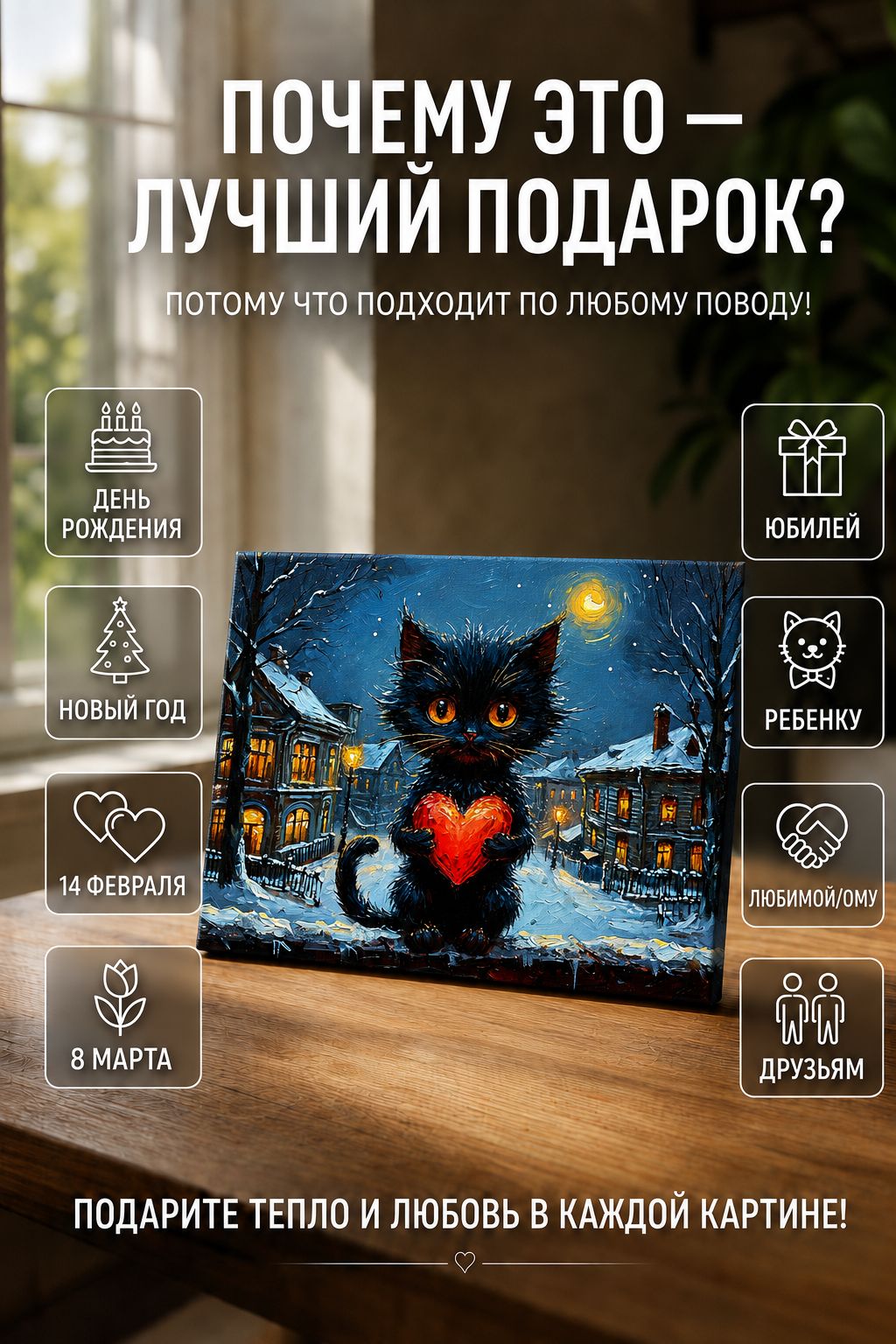 Котик с сердечком в снежном городе