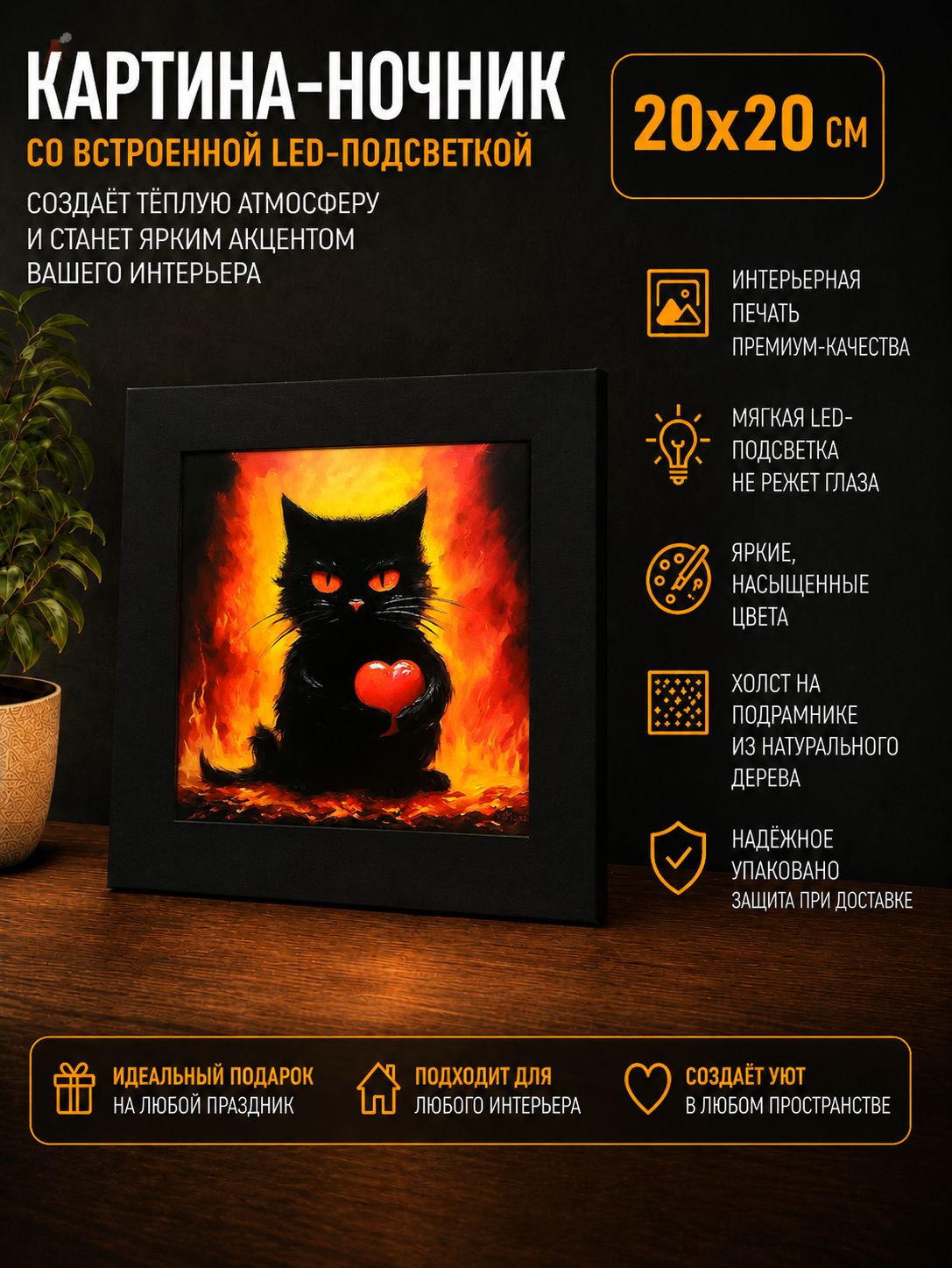 Котик с сердечком в пламени