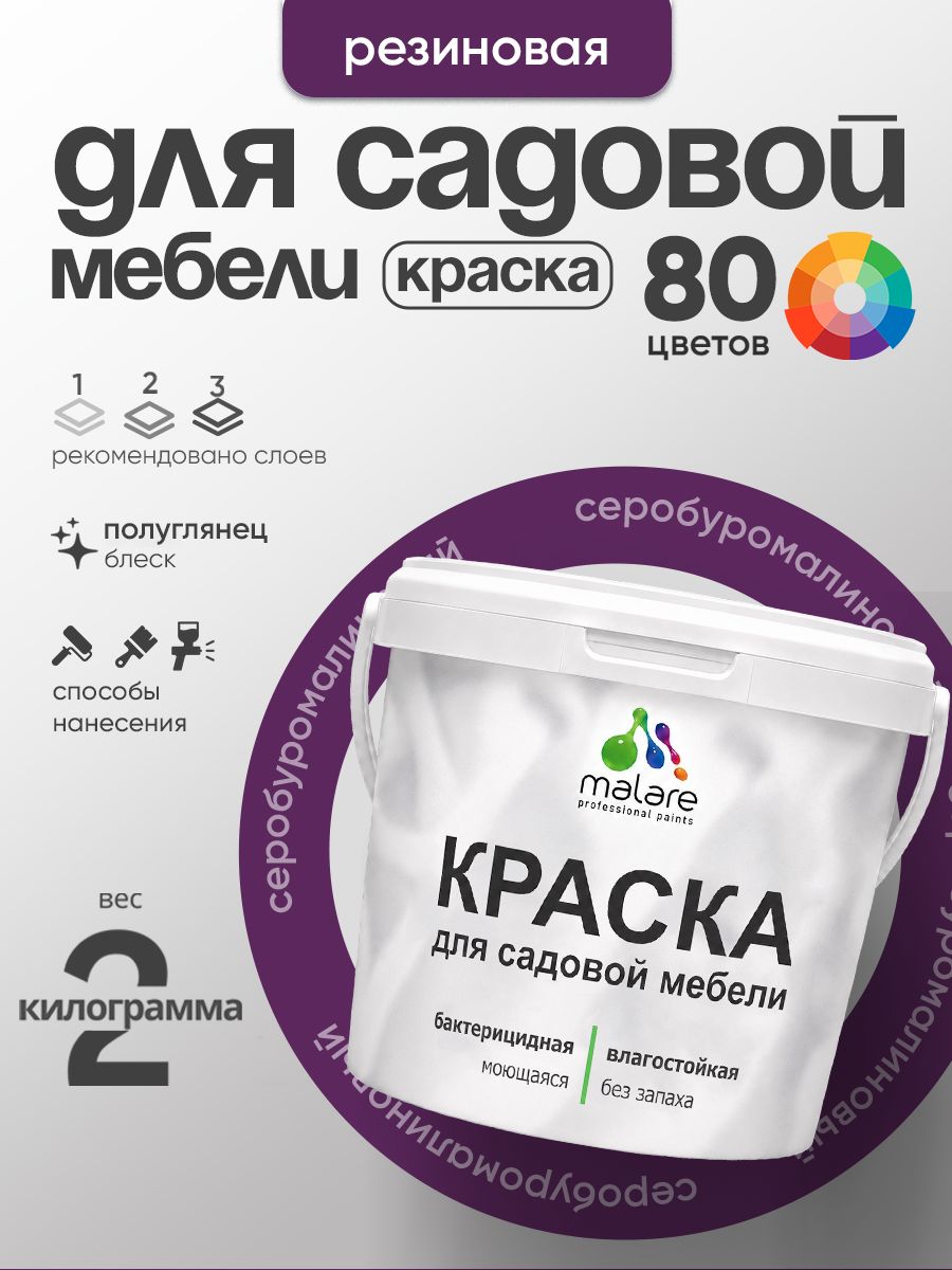 Резиновая краска Malare для садовой мебели/ по дереву, для наружных и внутренних работ/ быстросохнущая моющаяся без запаха полуглянцевая, серобуромалиновый, 2 кг