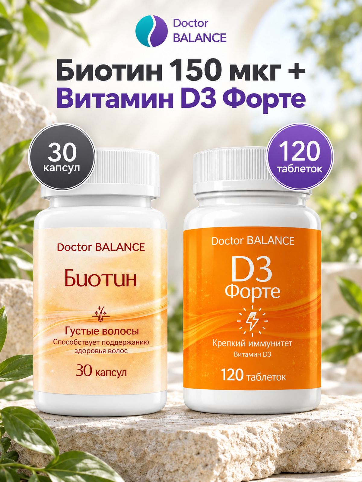 Набор Doctor Balance: Биотин 150 мкг 30 + Витамин D3 Форте 120