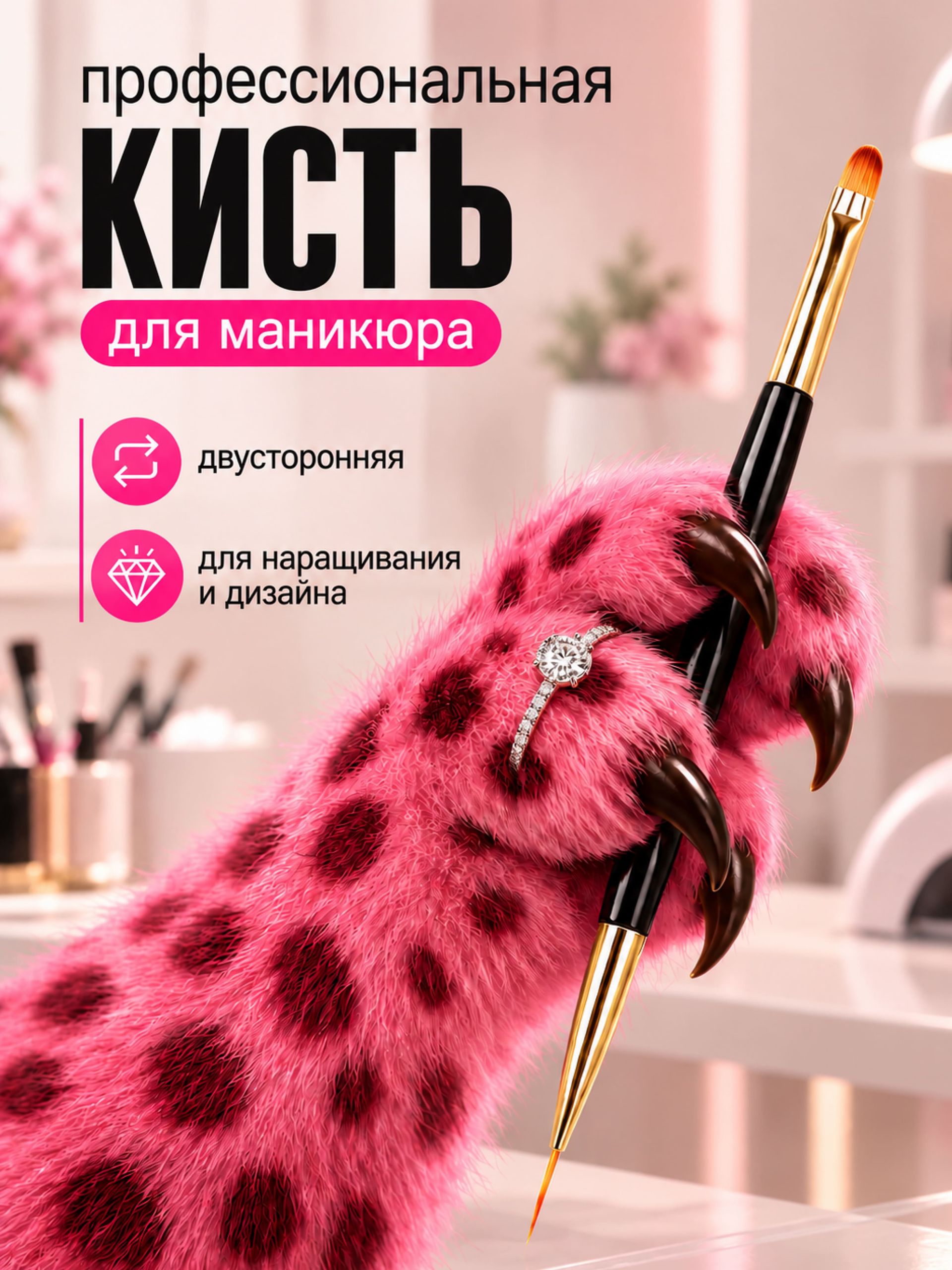 Кисть для наращивания и дизайна, двухсторонняя