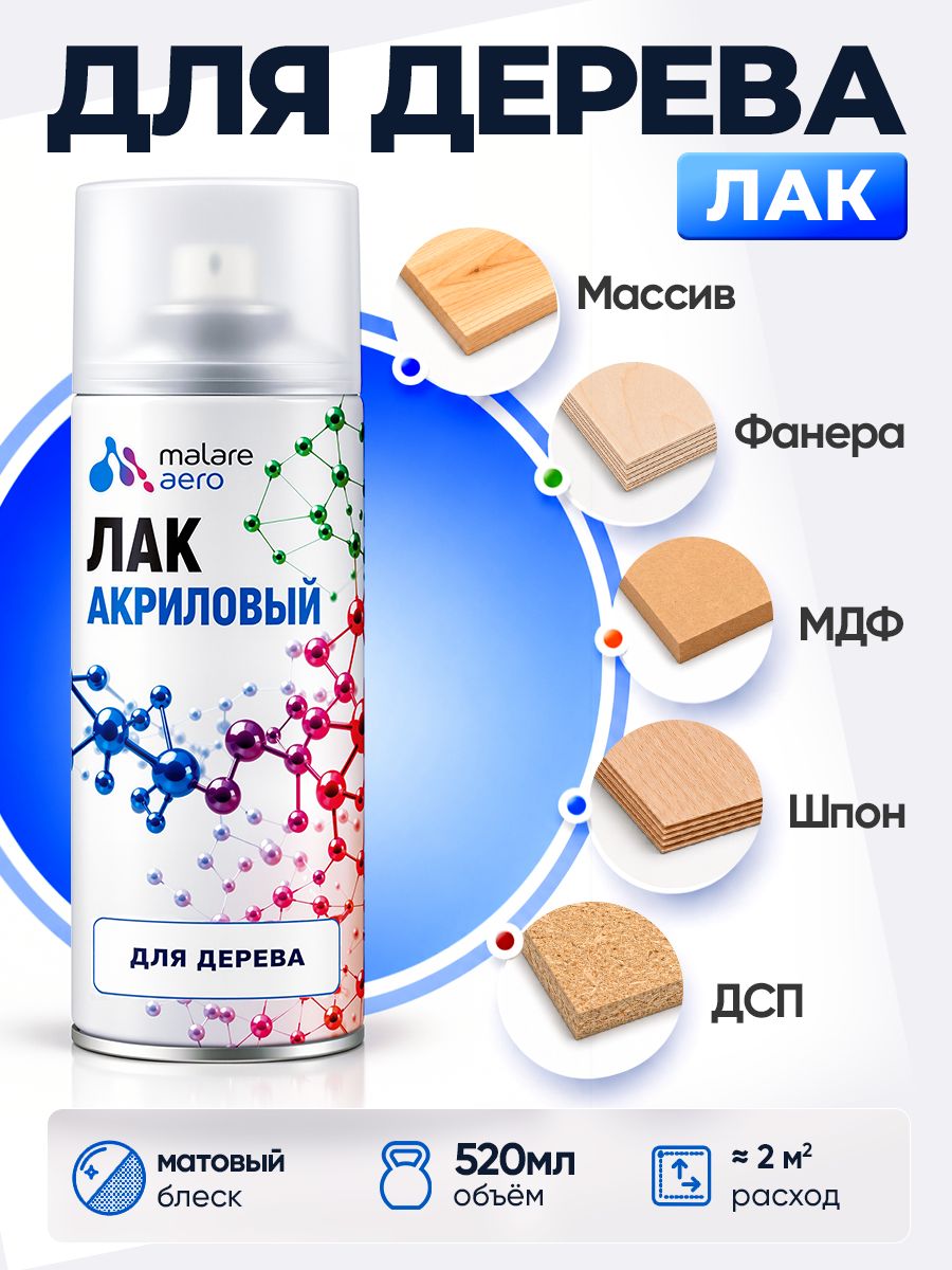 Лак для дерева Malare акриловый, бесцветный, матовый, 520 мл.