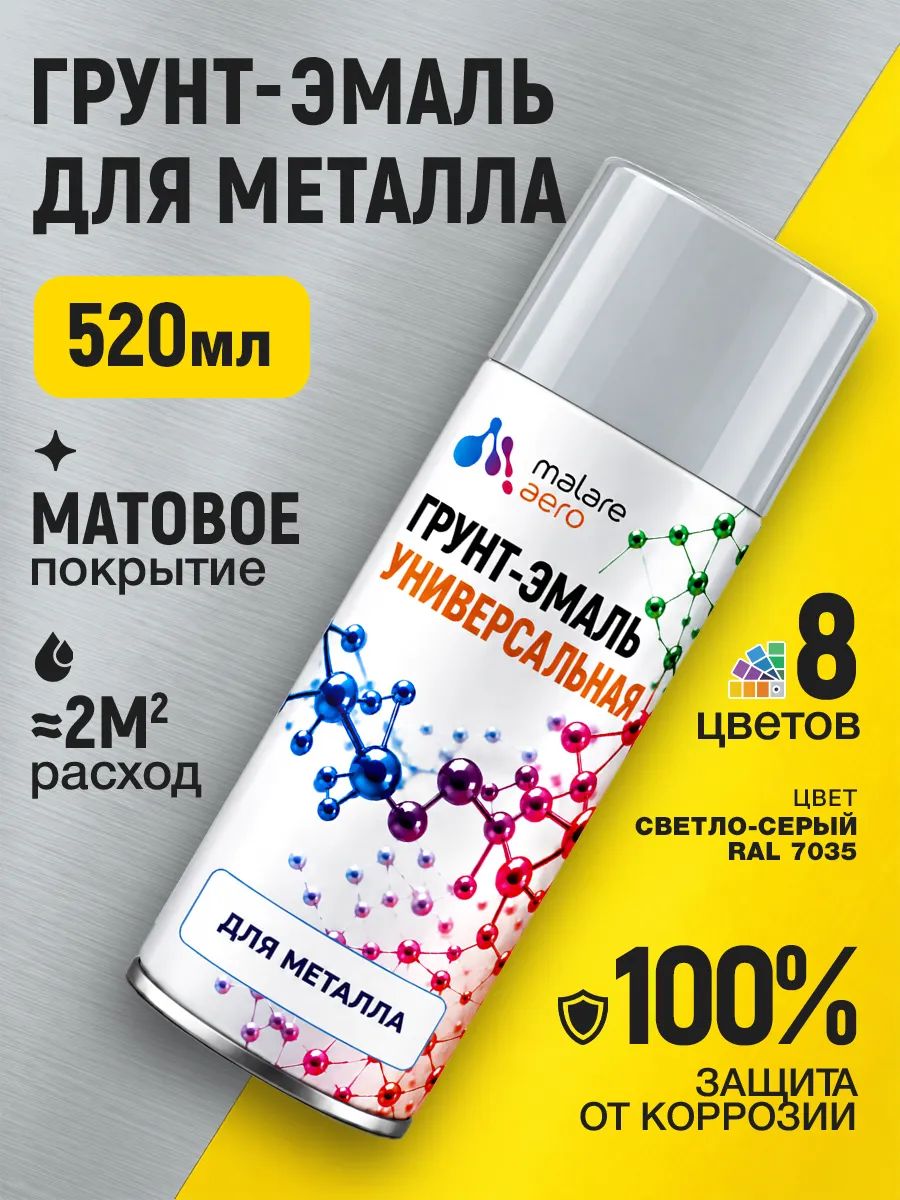 Грунт-эмаль по ржавчине Malare краска по металлу, матовая, RAL 7035 светло-серый, 520мл