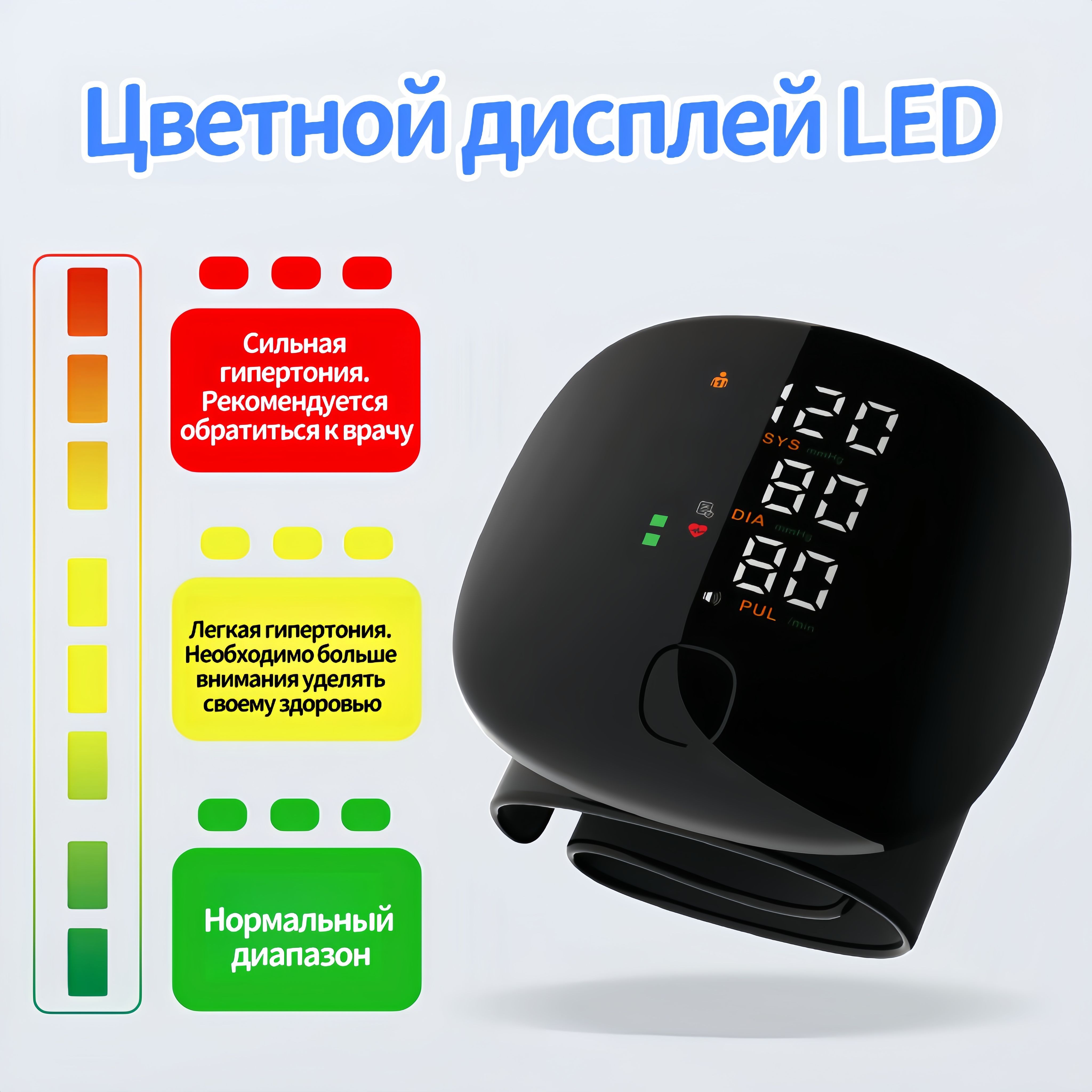 Портативныйтонометрназапястьесподсветкойэкранаирусскимменю