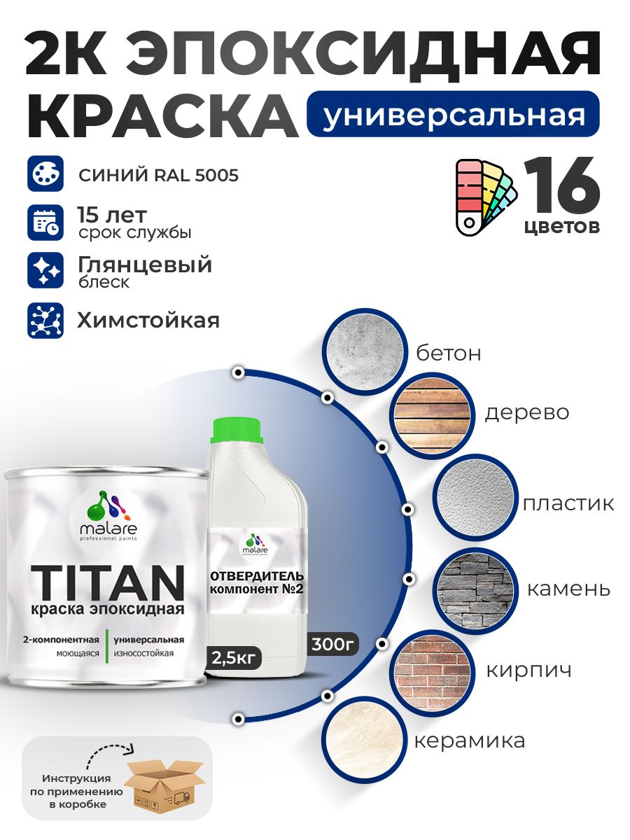 2К Эпоксидная краска Malare TITAN универсальная, двухкомпонентная влагостойкая высокопрочная износостойкая, RAL 5005 синий, глянцевая, (2,5 кг + 0,3кг отвердитель)