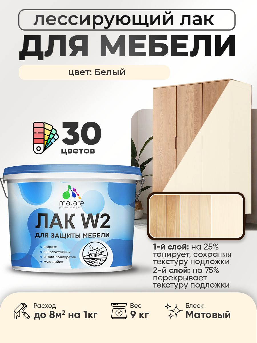 Лак колерованный тонирующий лак для мебели Malare W2 для кухонных фасадов, для дерева и минеральных поверхностей, акриловый быстросохнущий без запаха, матовый, белый, 9 кг.
