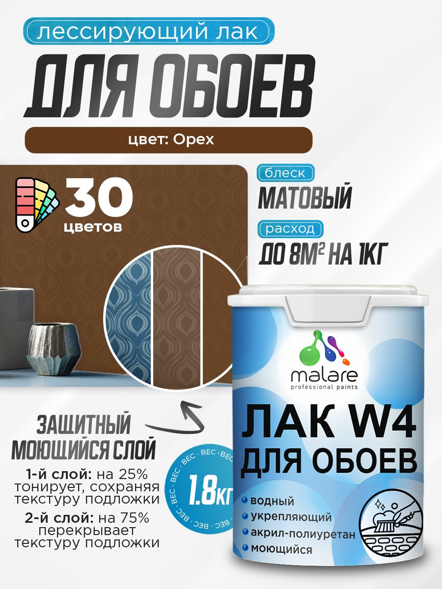 Лак колерованный тонирующий для защиты обоев Malare W4 универсальный для дерева и минеральных поверхностей, водный без запаха быстросохнущий, матовый, орех, 1.8 кг.