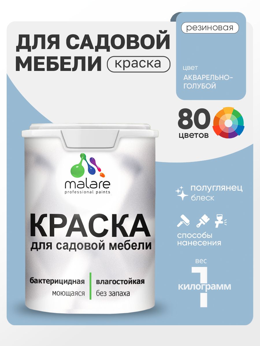 Резиновая краска Malare для садовой мебели/ по дереву, для наружных и внутренних работ/ быстросохнущая моющаяся без запаха полуглянцевая, акварельно-голубой, 1 кг