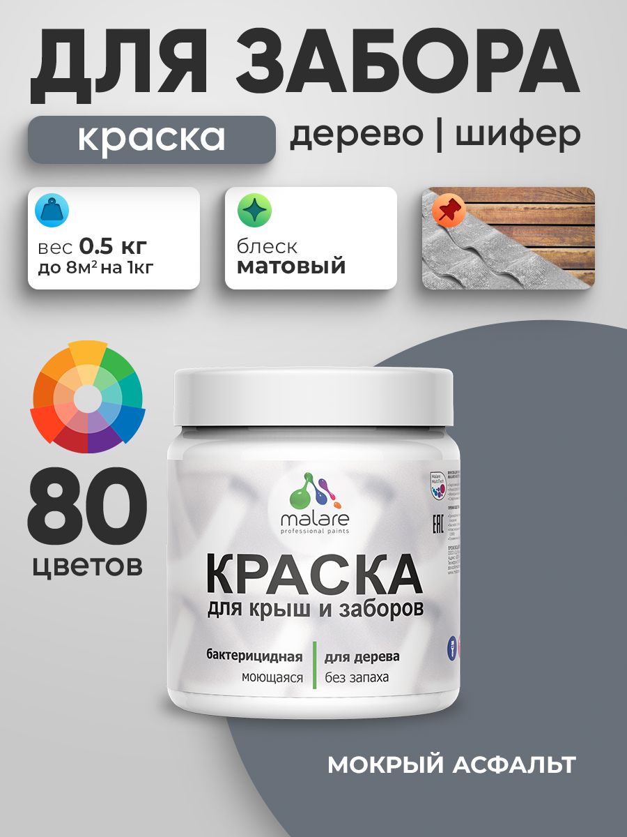 Акриловая краска Malare для деревянного забора/ по дереву для наружных и внутренних работ/ быстросохнущая моющаяся без запаха, матовая, мокрый асфальт, 0.5 кг.