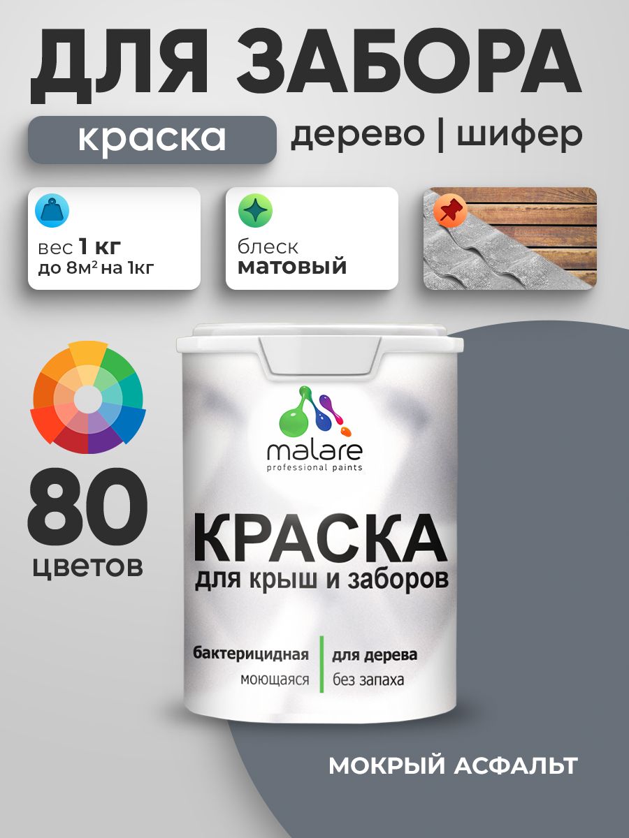Резиновая краска Malare для деревянного забора/ по дереву для наружных и внутренних работ/ быстросохнущая моющаяся без запаха полуглянцевая, мокрый асфальт, 1 кг