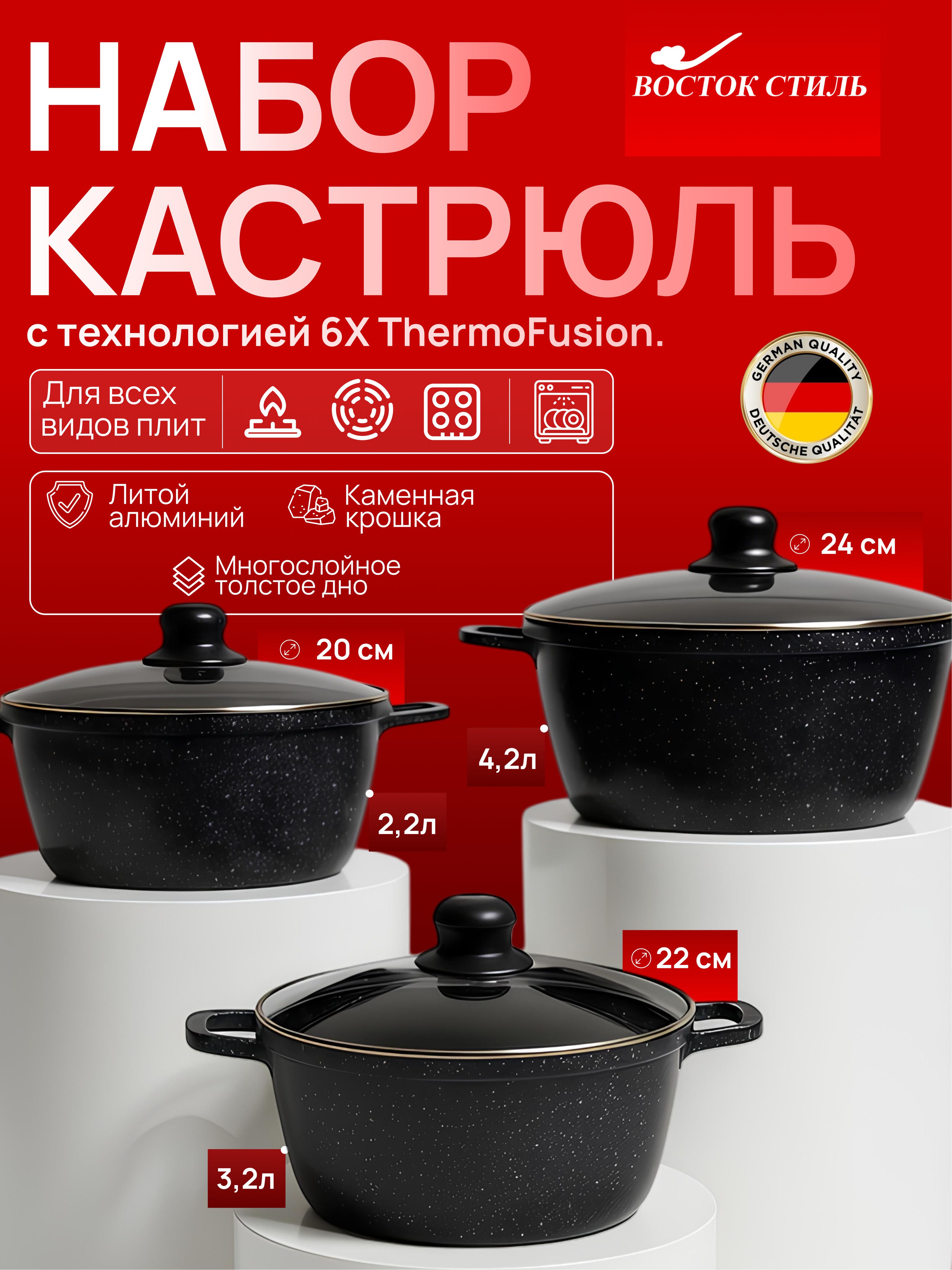 Набор кастрюль 3 в 1, казанков с крышкой с антипригарным покрытием из литого алюминия, для всех типов плит / Объёмы: 2.2 л; 3.2 л; 4.2 л