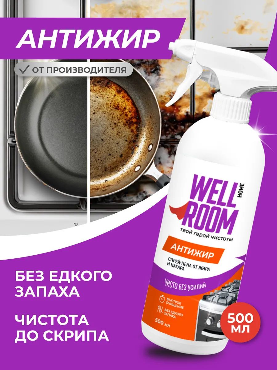 Спрей-пена антижир для кухни Wellroom 500 мл, чистящее средство от