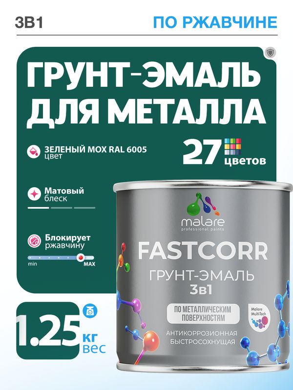 Грунт-эмаль по ржавчине 3 в 1 Malare FastCorr краска для металла, антикоррозионная износостойкая быстросохнущая RAL 6005, зелёный мох, матовая, 1,25 кг.
