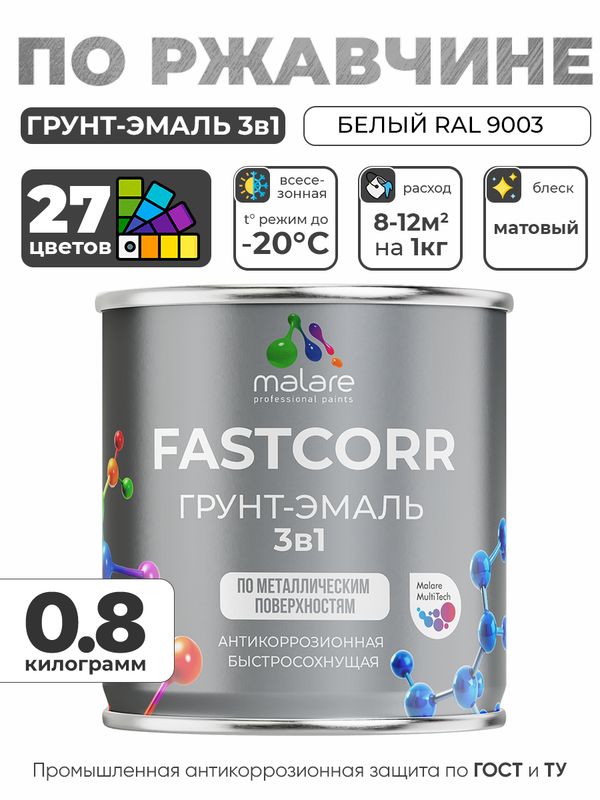 Грунт-эмаль по ржавчине 3 в 1 Malare FastCorr краска для металла, антикоррозионная износостойкая быстросохнущая RAL 9003, белый, матовая, 0,8 кг.