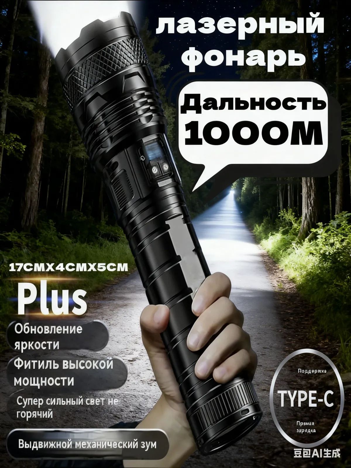 Ручнойперезаряжаемыйлазерныйфонарьсдальностьюлуча1000м.