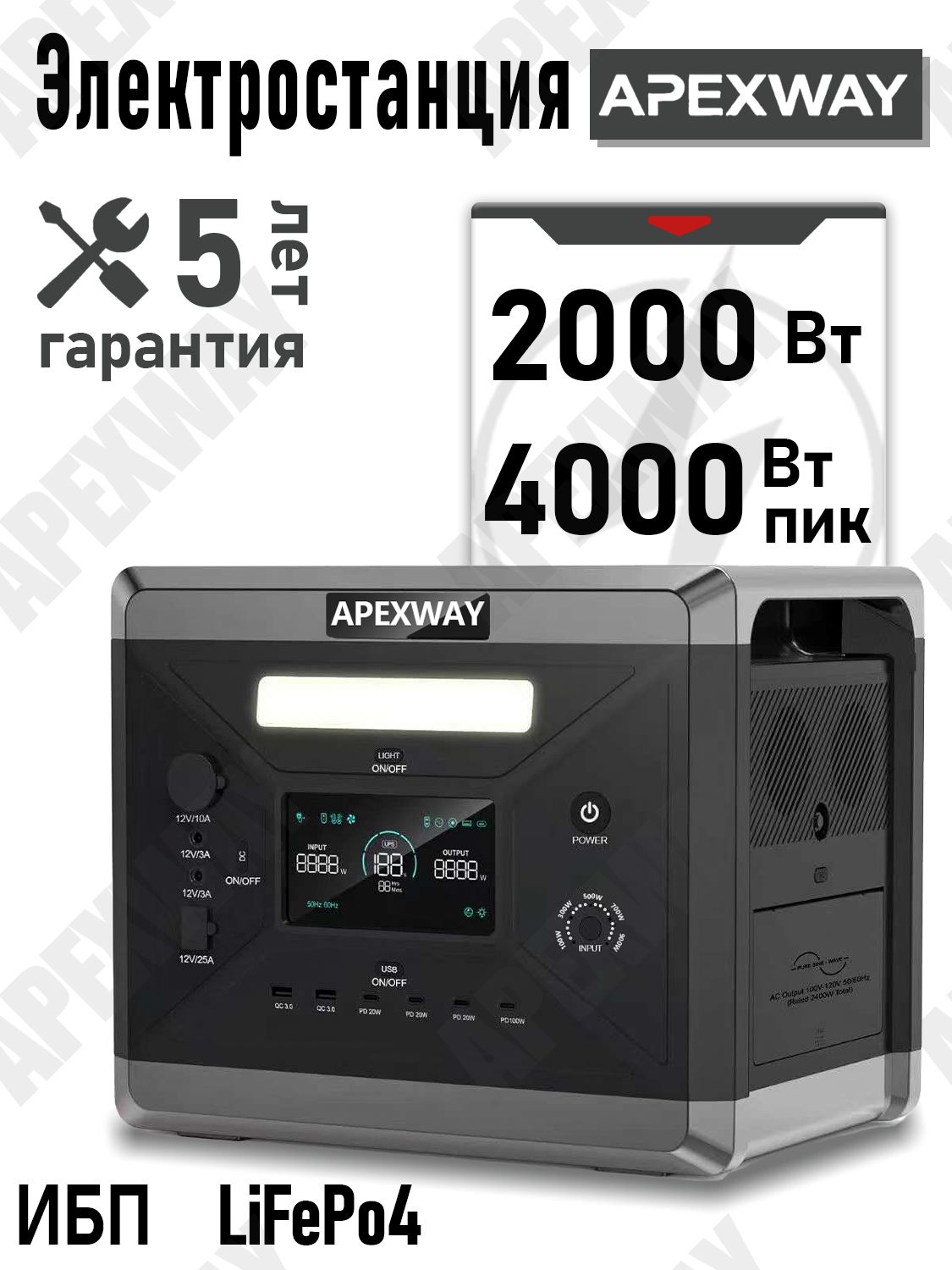 Портативнаяэлектростанция2000ВтAPEXWAYпортативнаязаряднаястанциясрозеткойдлякотла,холодильника,дачи,дома,роутераЭлектроснабжение