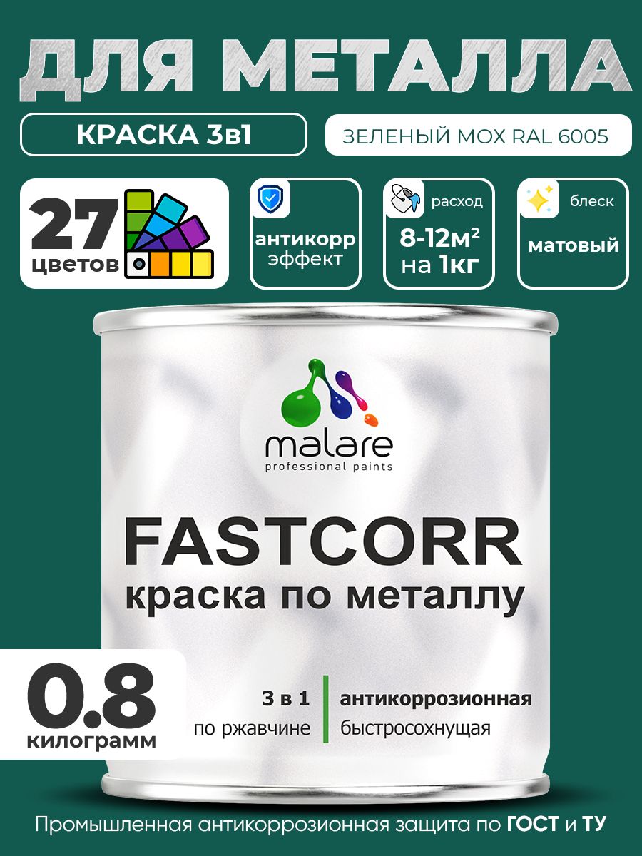 Краска для металла по ржавчине Malare FastCorr, для наружных работ износостойкая, быстросохнущая RAL 6005 зелёный мох, матовая, 0,8 кг