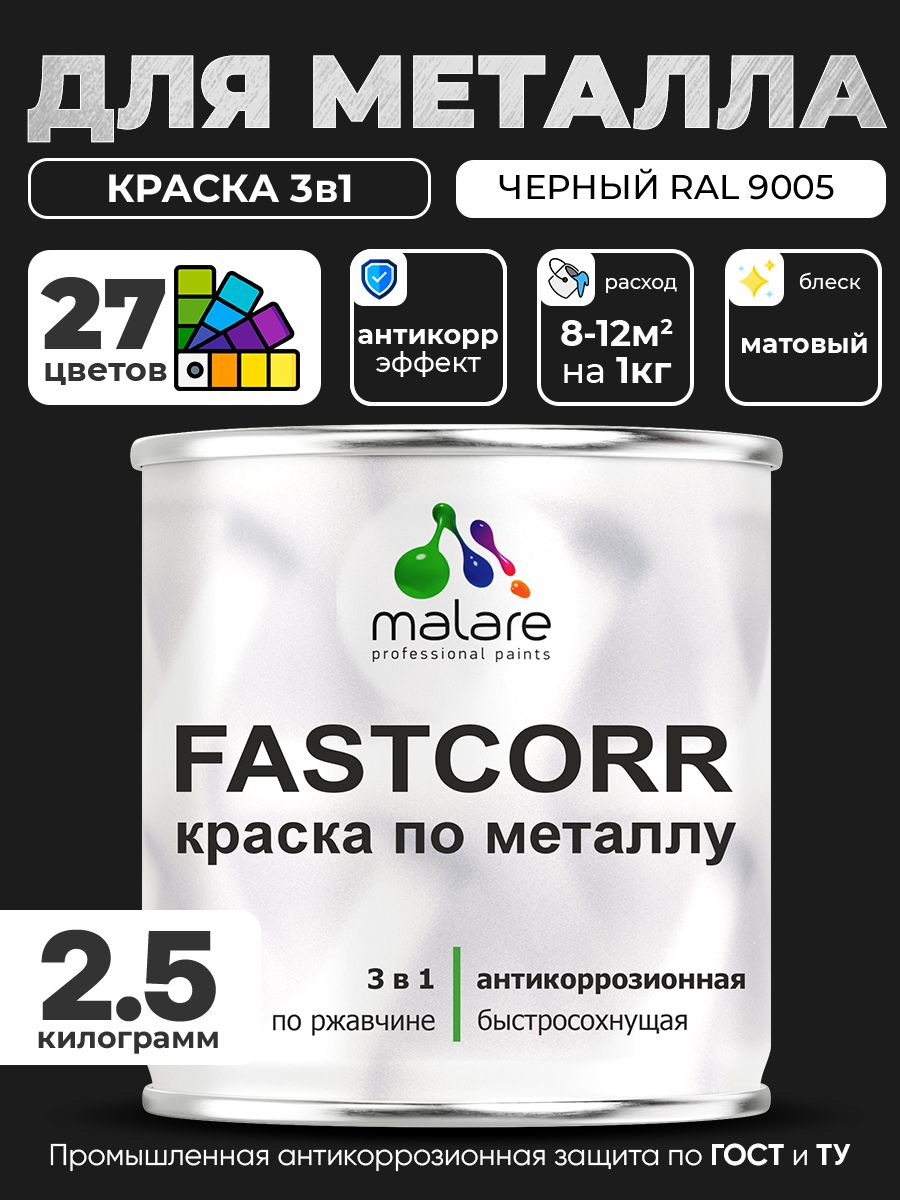 Краска для металла по ржавчине Malare FastCorr, для наружных работ износостойкая, быстросохнущая RAL 9005 черный, матовая, 2,5 кг