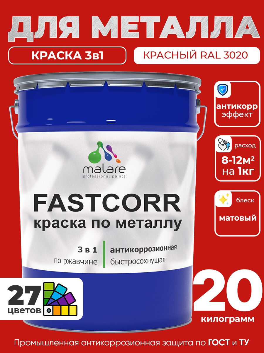 Краска для металла по ржавчине Malare FastCorr, для наружных работ износостойкая, быстросохнущая RAL 3020 красный, матовая, 20 кг