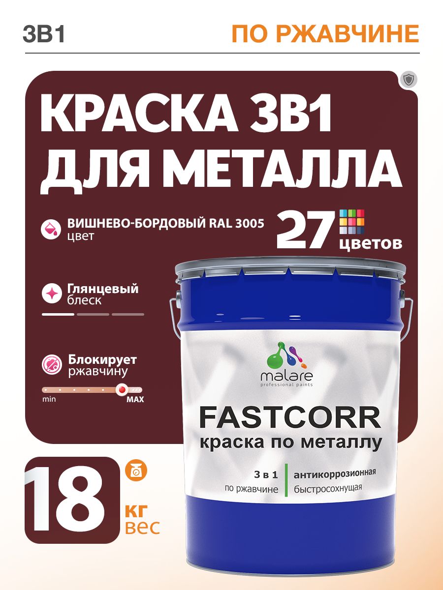 Краска для металла по ржавчине Malare FastCorr, для наружных работ износостойкая, быстросохнущая RAL 3005 вишнево-бордовый, глянцевая, 18 кг