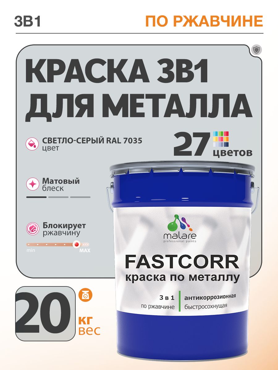 Краска для металла по ржавчине Malare FastCorr, для наружных работ износостойкая, быстросохнущая RAL 7035 светло-серый, матовая, 20 кг
