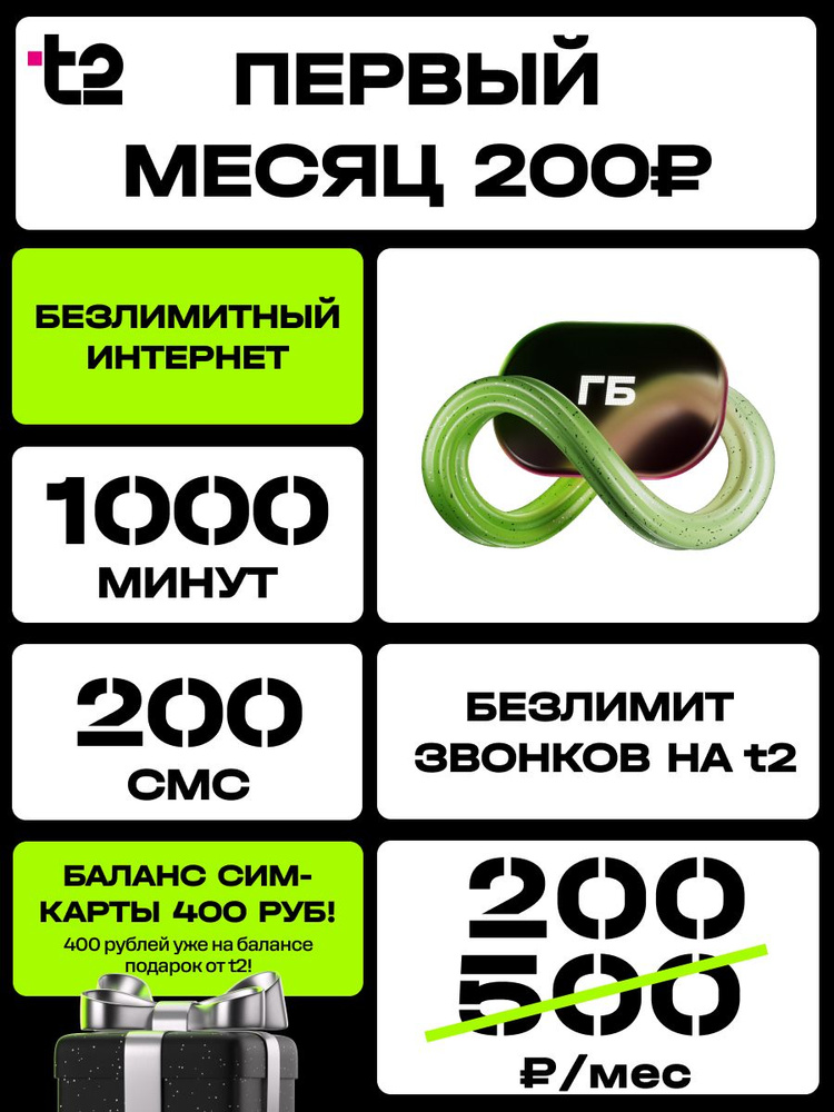 Сим карта с балансом 400 Безлимитный интернет t2 1000 минут 200 смс 500 руб в месяц #1