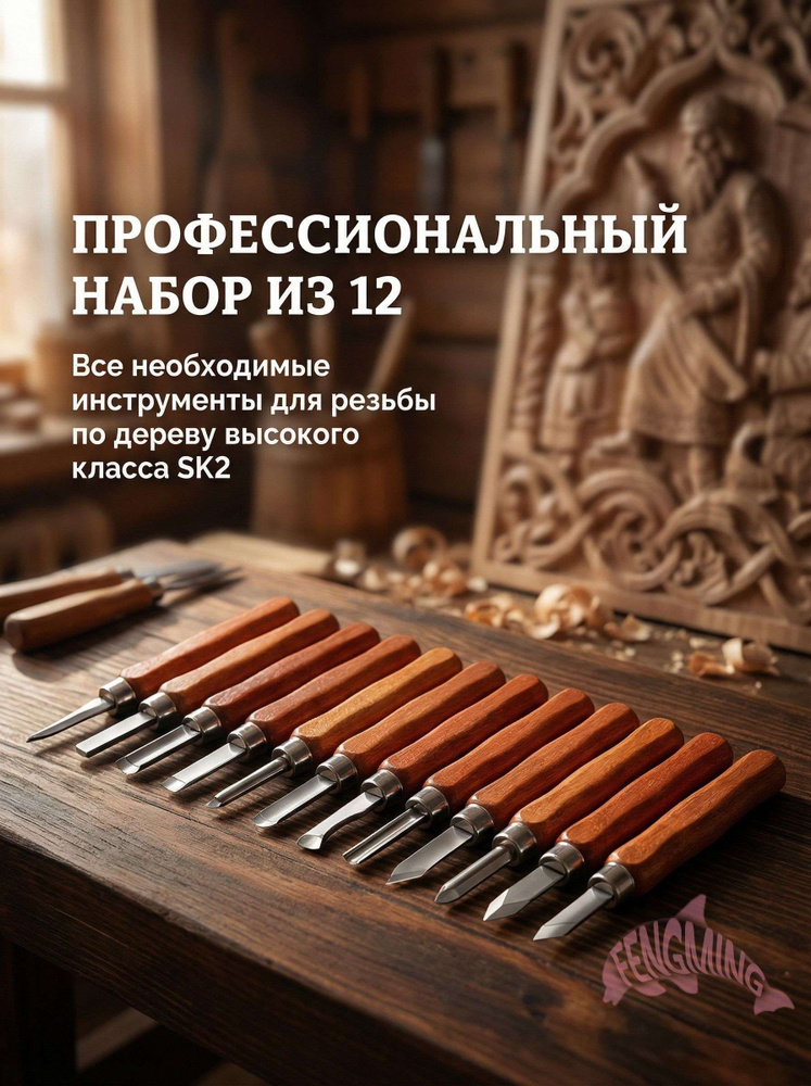 Набор ножей фигурных резцов для резьбы по дереву 12 шт.точильный камень и чехол #1