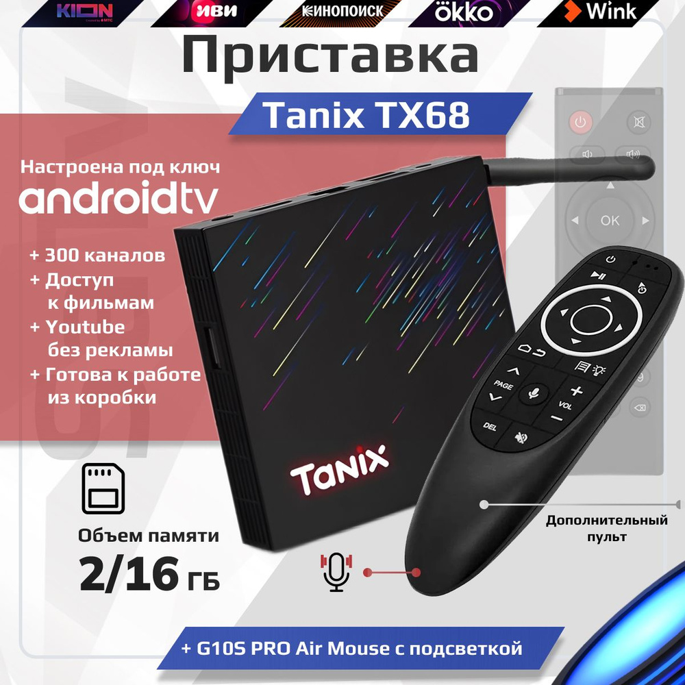 Комплект: Смарт ТВ приставка Tanix TX68 с прошивкой ATV 2/16 Гб Allwinner  H618 Wifi 2.4/5G + Пульт c голосовым управлением G10S PRO Air Mouse