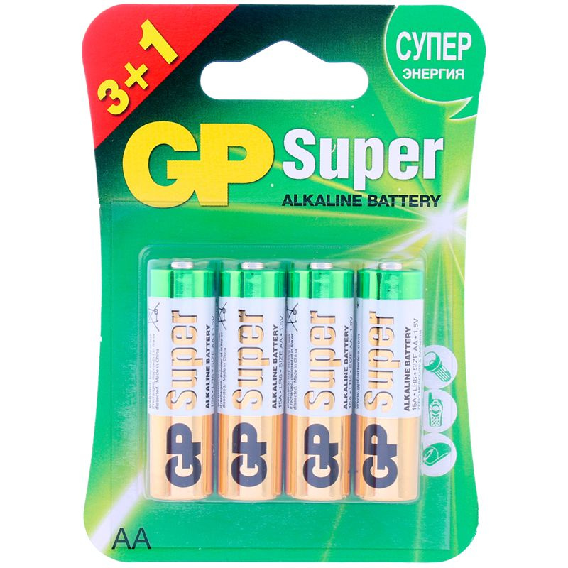 Батарейка АА пальчиковая GP Super Alkaline 15A LR6 (промо: 3+1)щ ...