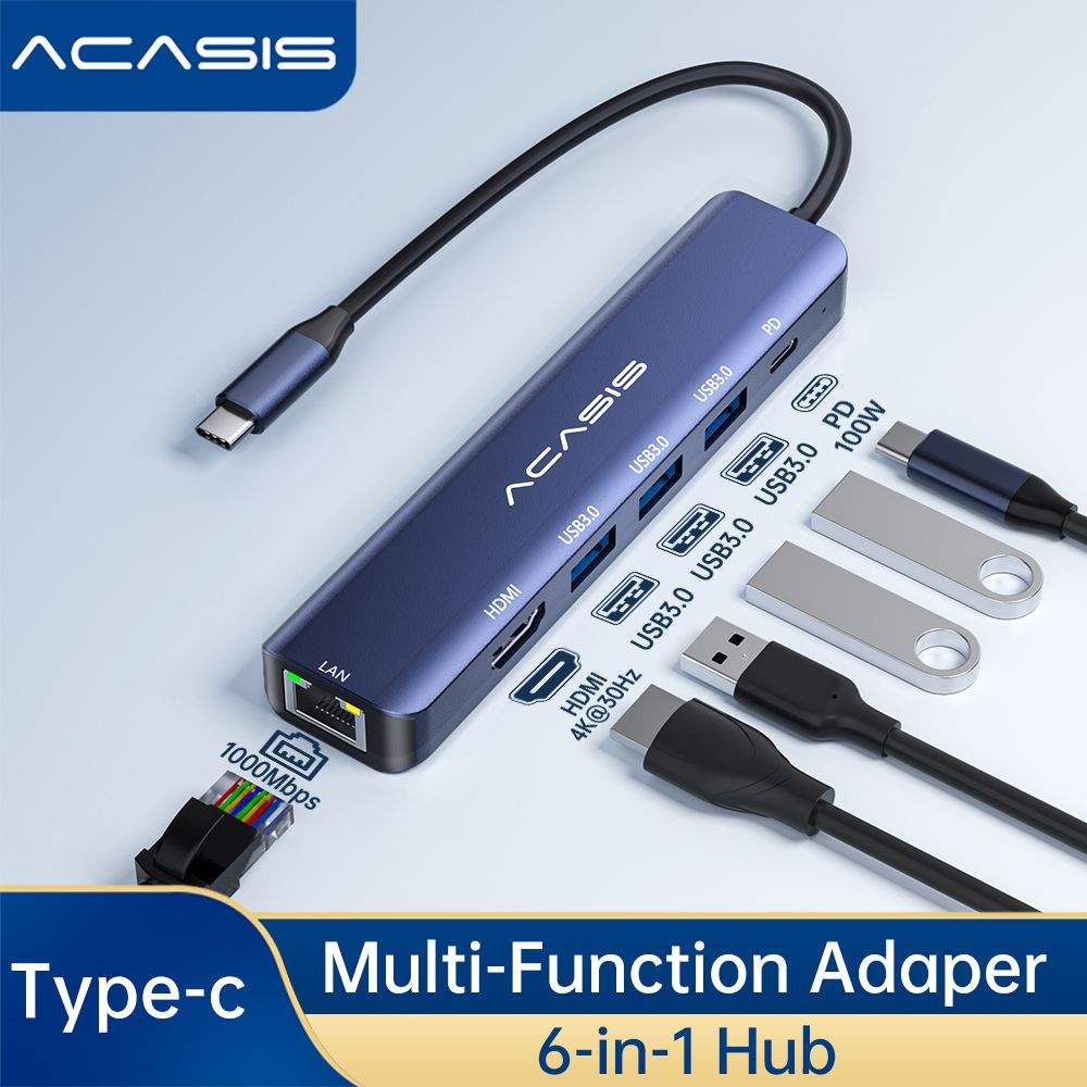 Док-станция Acasis DS-7HN6 6 в 1 с кабелем 1 метр, Type-C to HDMI + USB3.0 x 3 + PD 100 Вт - Темно-серый #1