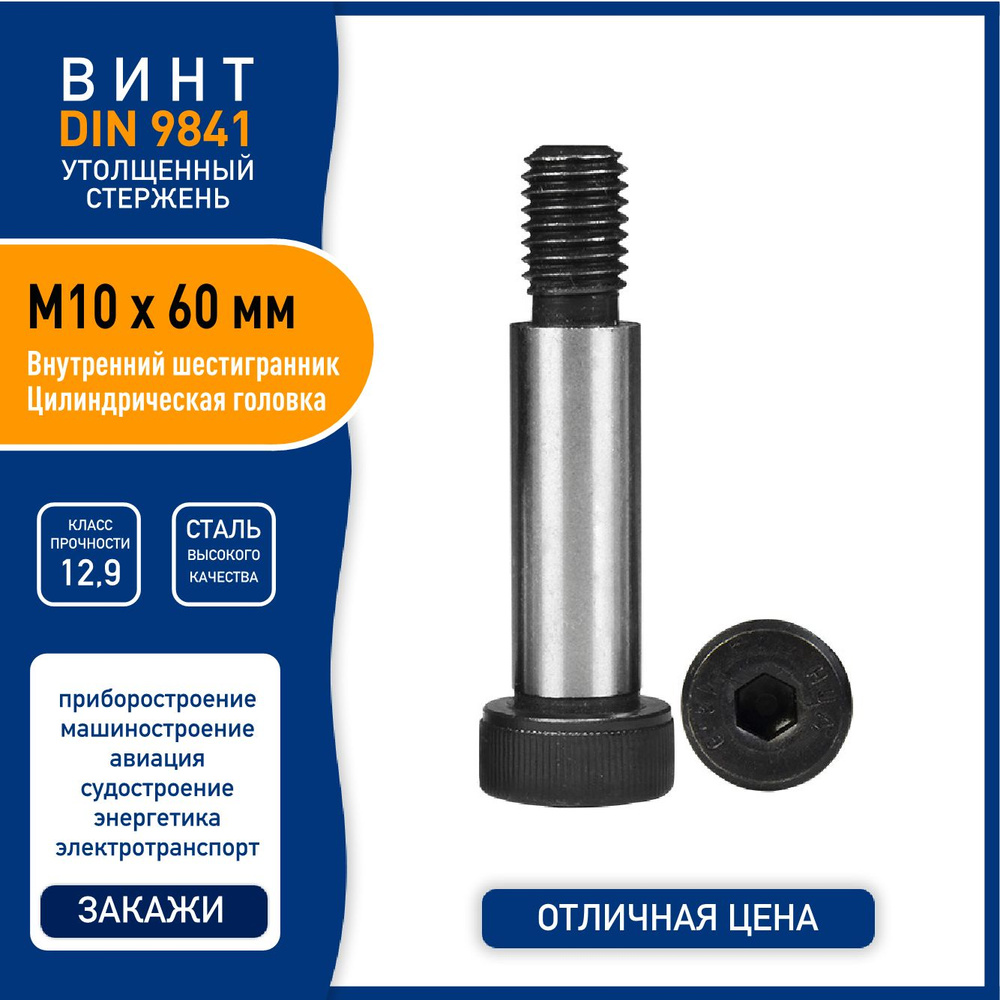 Винт DIN 9841 (ISO 7379) M10 х 60 мм с утолщенным стержнем и внутренним шестигранником, сталь класса #1