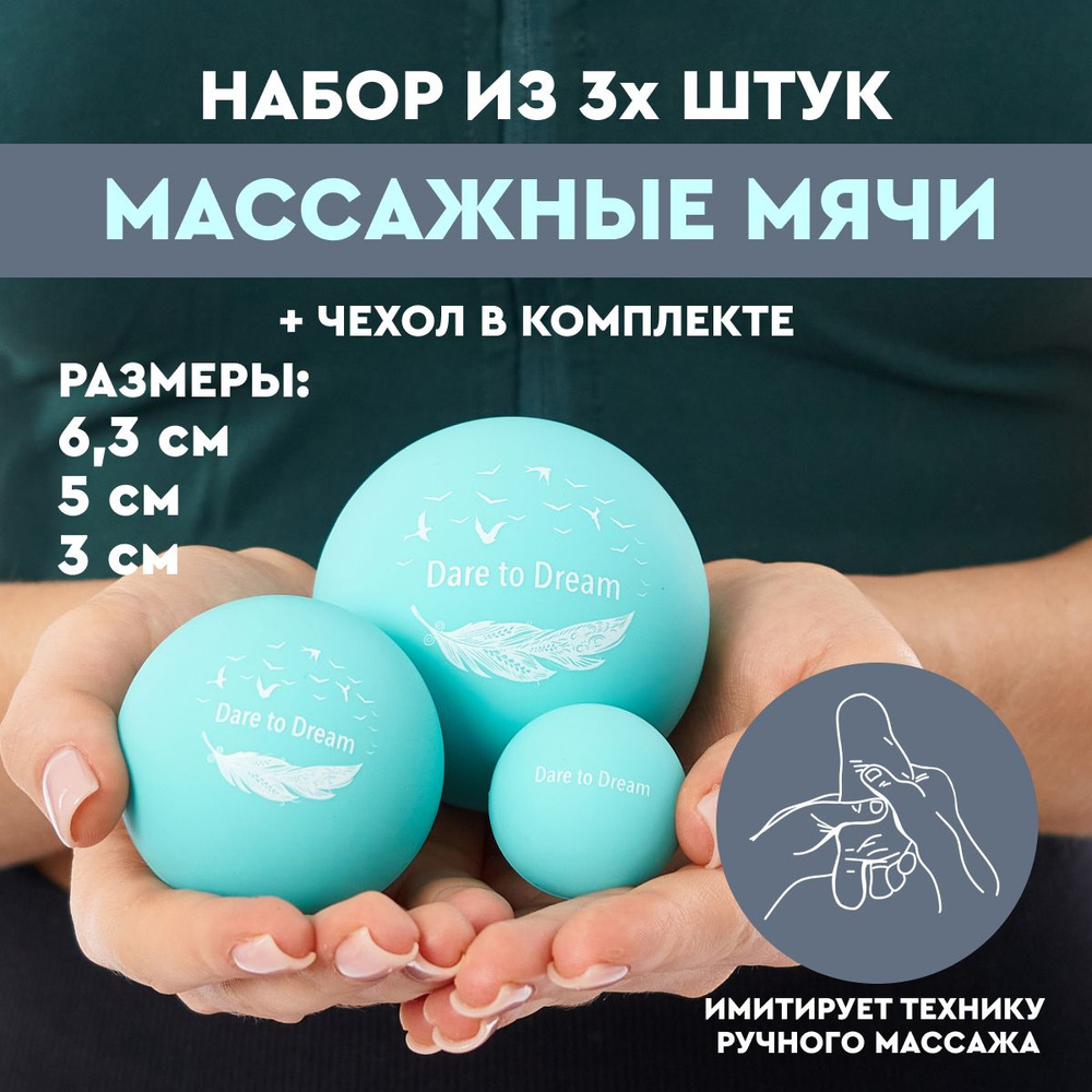 Мячик массажный 3в1 силикон, Dare To Dream, бирюзовый, 3 шт. + чехол ...