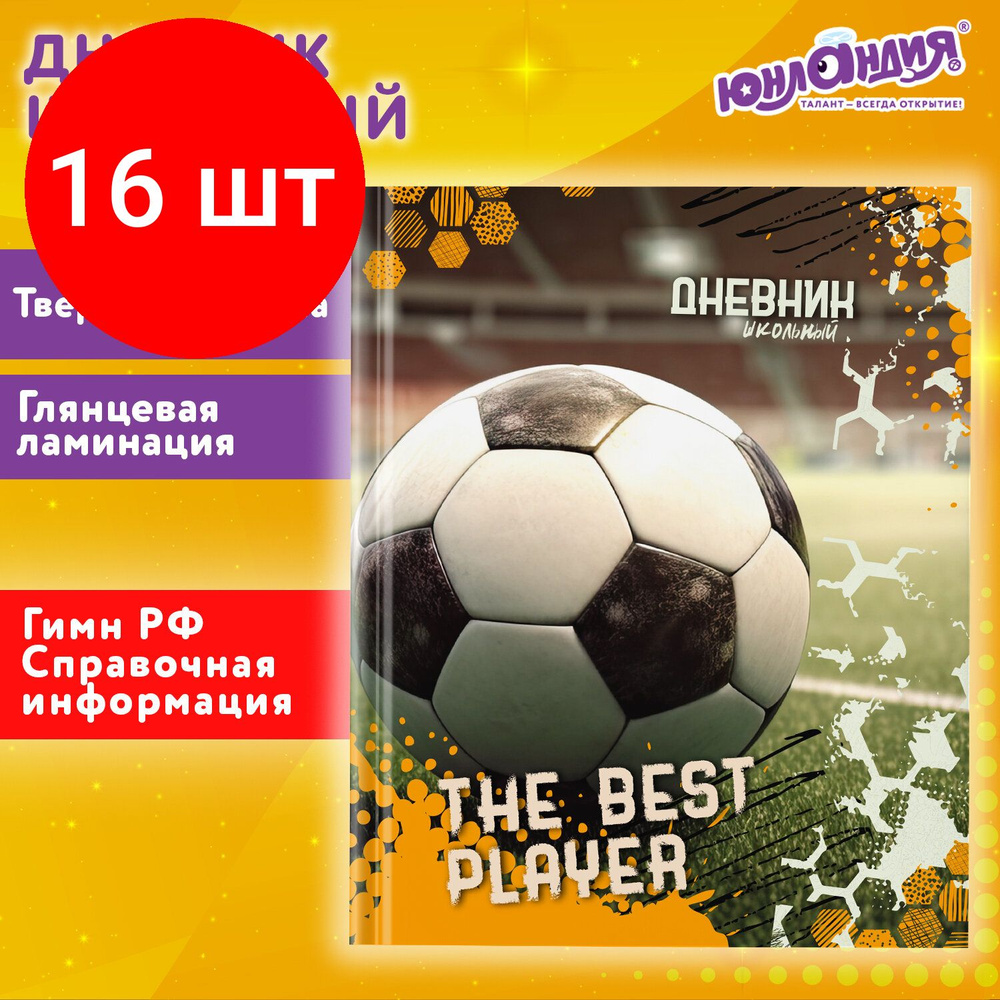 Дневник 1-4 класс 48 л., комплект 16 штук, твердый, ЮНЛАНДИЯ, глянцевая ламинация, с подсказом, "Футбол", #1