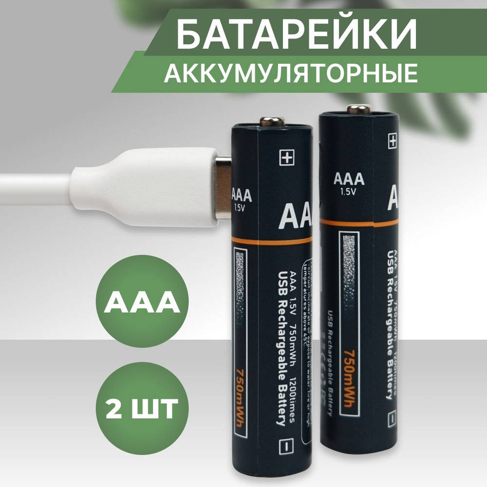 Комплект из 2 шт. Аккумуляторные мизинчиковые батарейки AAA 750мАч / С  кабелем Type-С в комплекте / Литий-ионные батарейки - купить с доставкой по  выгодным ценам в интернет-магазине OZON (944913314)