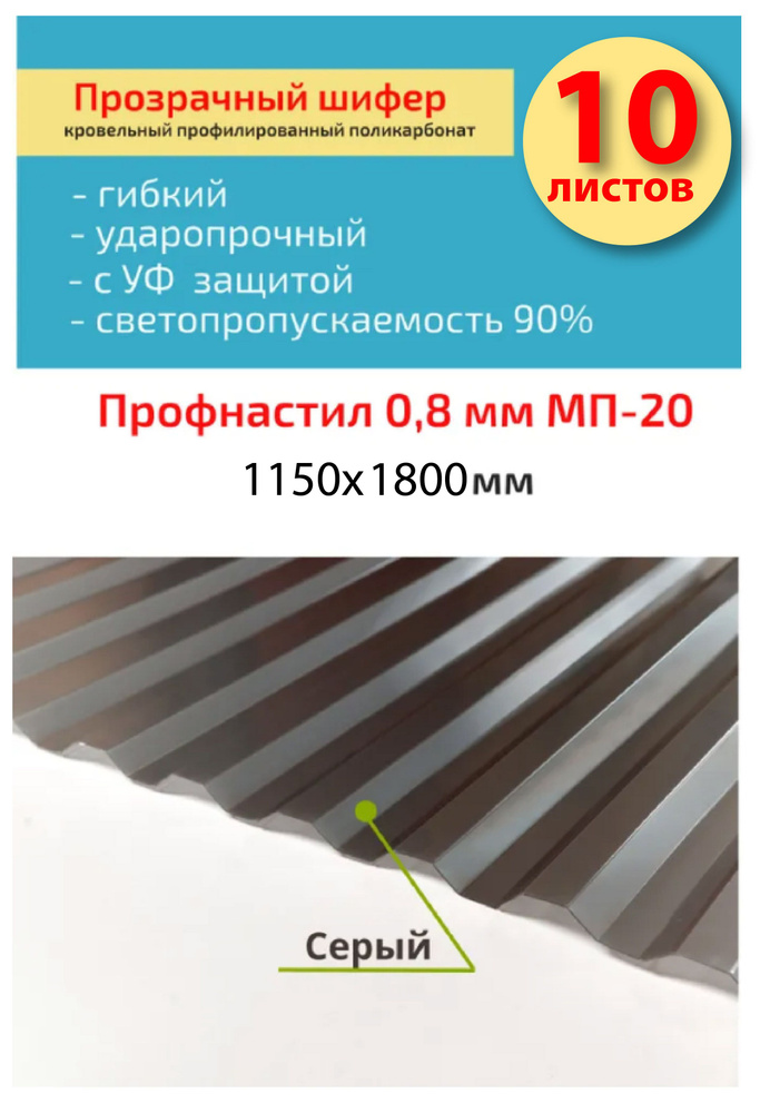 Кровельный монолитный профилированный поликарбонат 0.8 мм МП-20 (серый) Пластилюкс 1,15*1,8м.  #1
