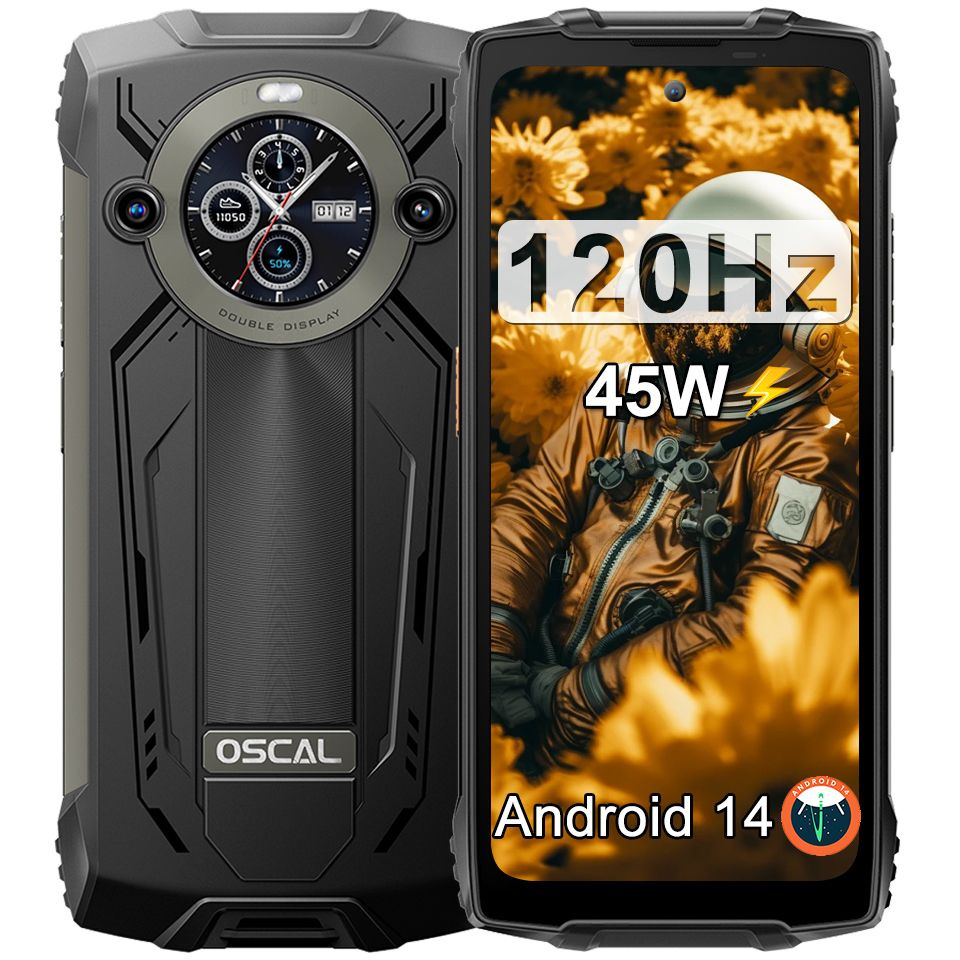 Oscal Смартфон PILOT 2,24 ГБ (8+16) ОЗУ 256 ГБ ПЗУ,Android 14, Двойной  экран,8800 мАч, зарядка 45 Вт,Helio G99 8/256 ГБ, черный