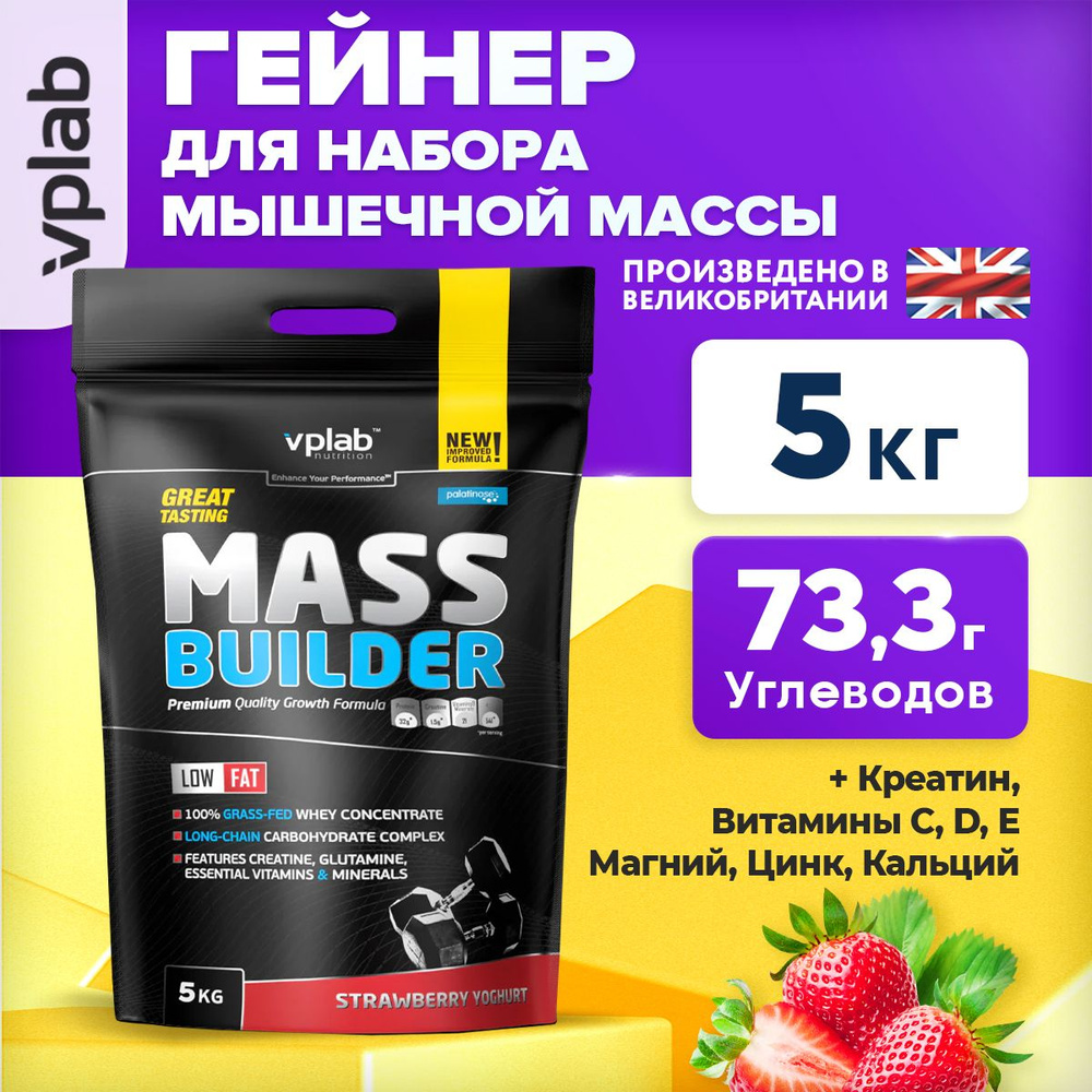 VPLAB Mass Builder, Гейнер для набора мышечной массы, порошок 5 кг со  вкусом клубника - йогурт, Спортивное питание для набора веса - купить с  доставкой по выгодным ценам в интернет-магазине OZON (1597335711)