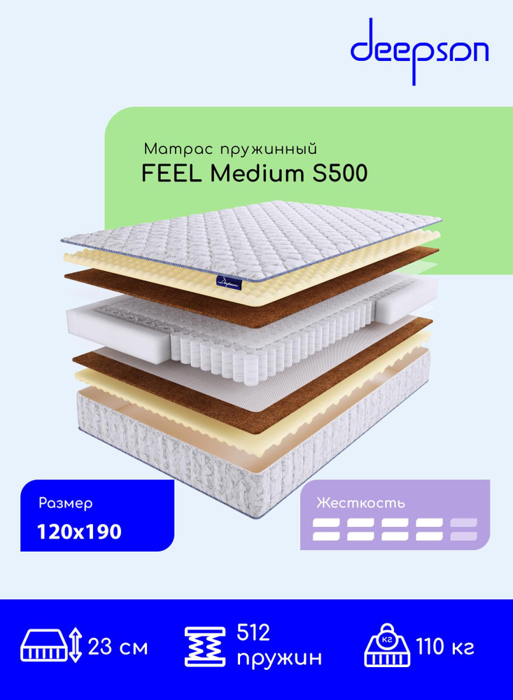 Матрас Deepson FEEL Medium S500 средней жесткости, полутороспальный, пружинный, на кровать 120x190  #1