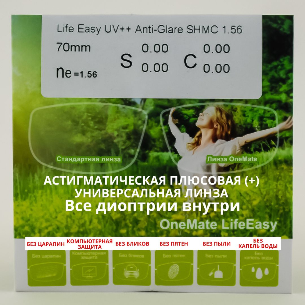 Линзы для очков, сфера +5.50 , цил -0.75 универсальные, защита от синего спектра, антибликовое, гидрофобное, #1