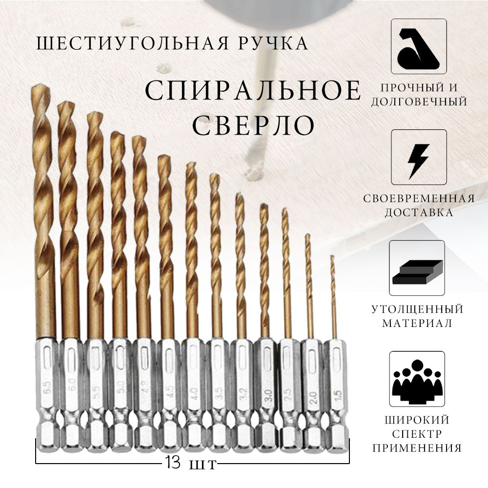 13 шт 1.5-6.5 мм титановое напыление Набор сверл по металлу #1