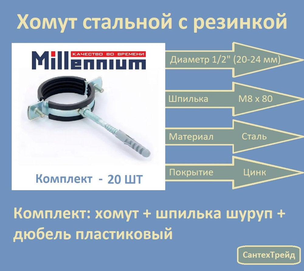 Хомут металлический с резинкой 1/2" (20-24 мм; 8х80) "Millennium" 20шт  #1