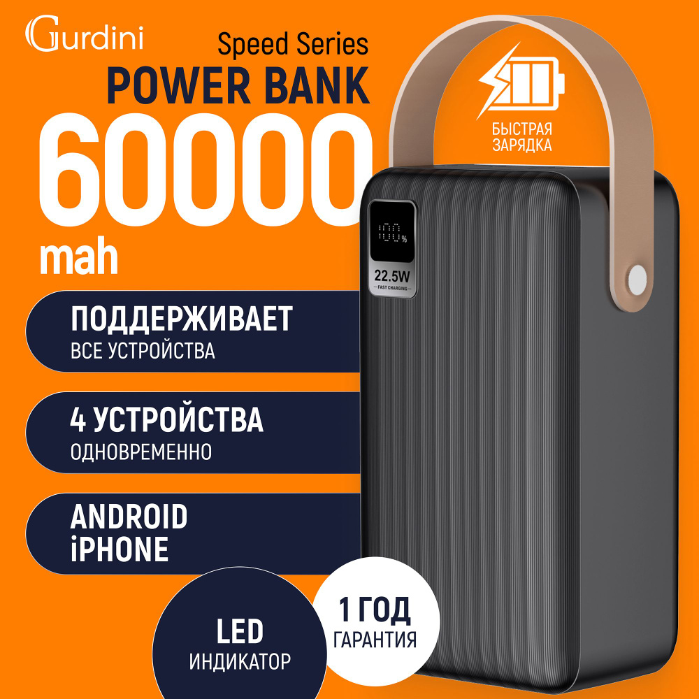 Внешний аккумулятор Gurdini Power bank Speed Series LCD + PD 20W + QC 22.5W 60000mAh универсальный USB #1