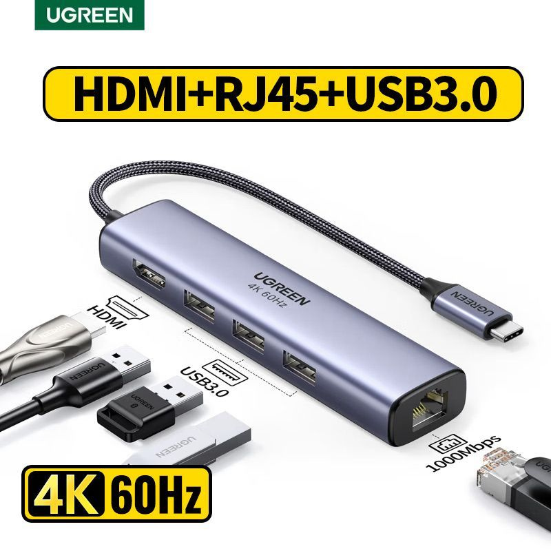 USB-Концентратор UGREEN 5-in-1 (20934),4K(60HZ)HDMI, USB3.0, RJ45 Hub #1