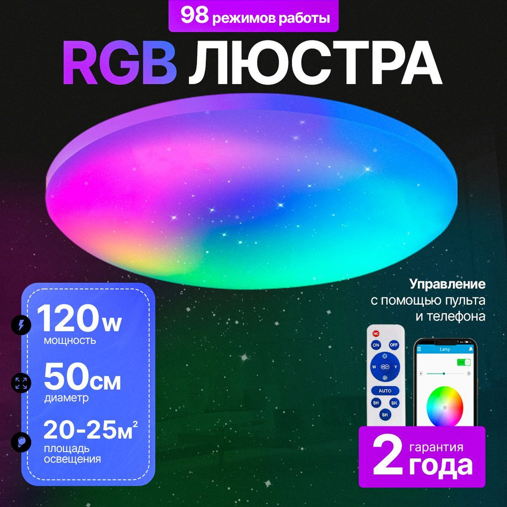 Люстра потолочная светодиодная с разноцветной rgb подсветкой светильник для спальни, зала, гостиной, #1