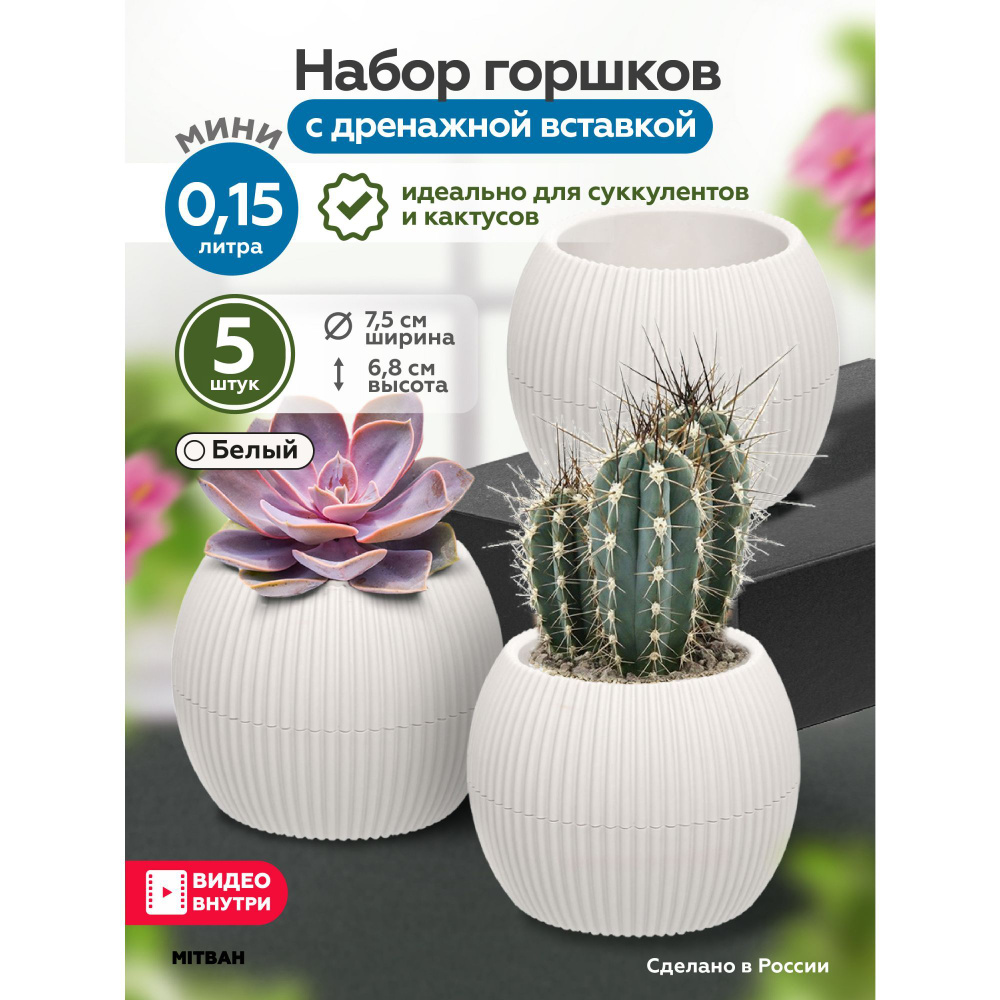 Набор маленьких горшков для цветов с поддоном, мини кашпо 5 штук по 0,15 л  #1