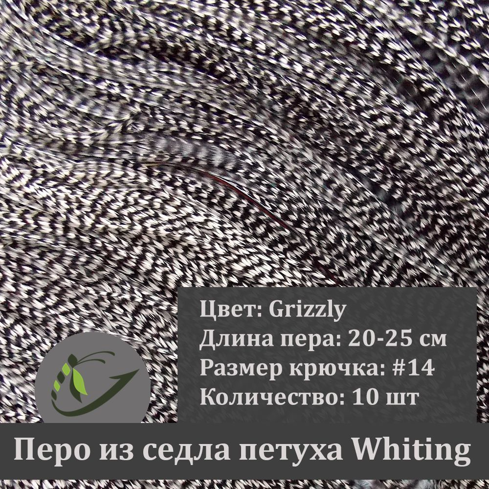 Перо петуха Whiting для вязания мушек, 10 шт, крючок #14, 20-25 см, цвет Grizzly  #1