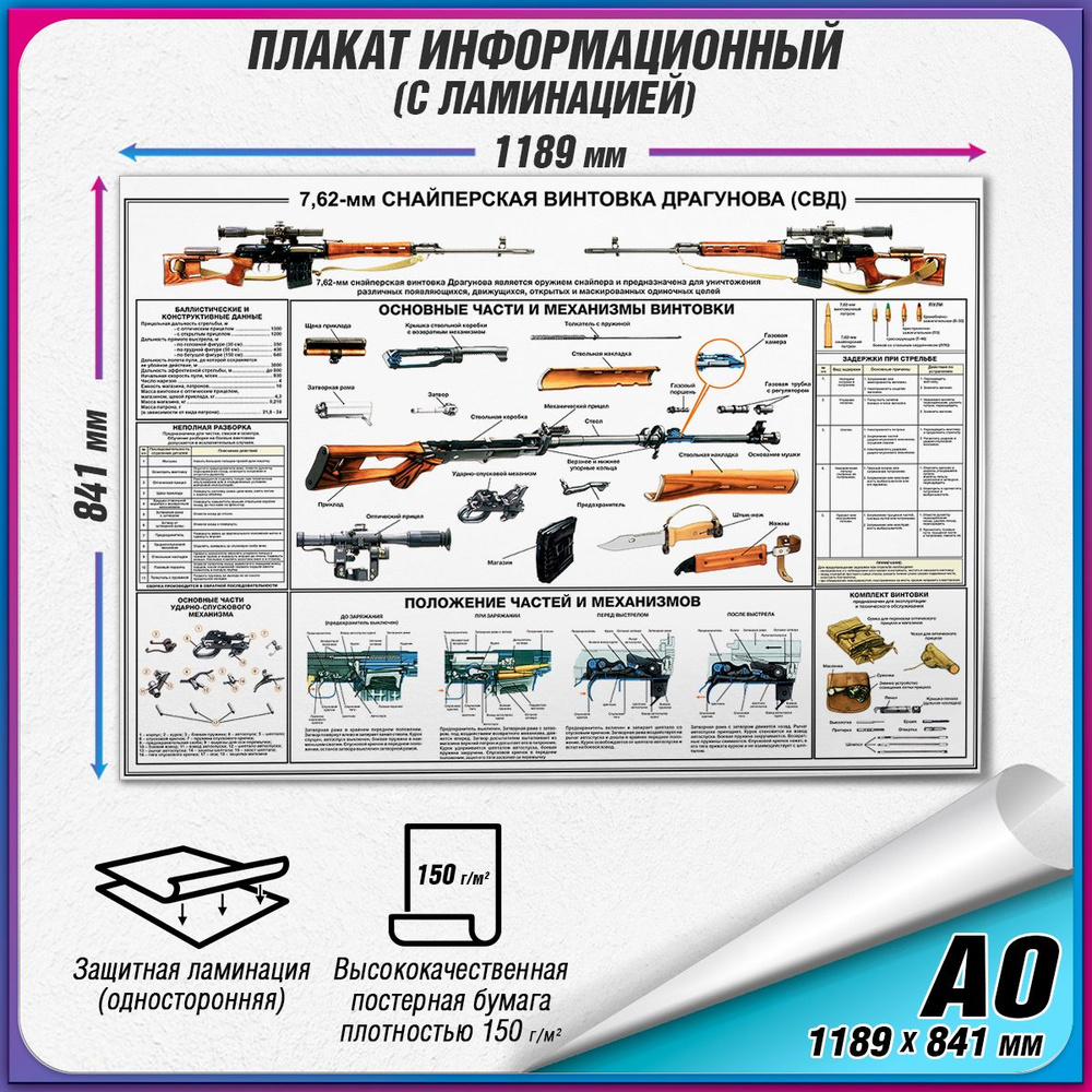 Информационный военный плакат "7,62-мм Снайперская винтовка Драгунова (СВД)" / ламинированный / А0 (119x84 #1